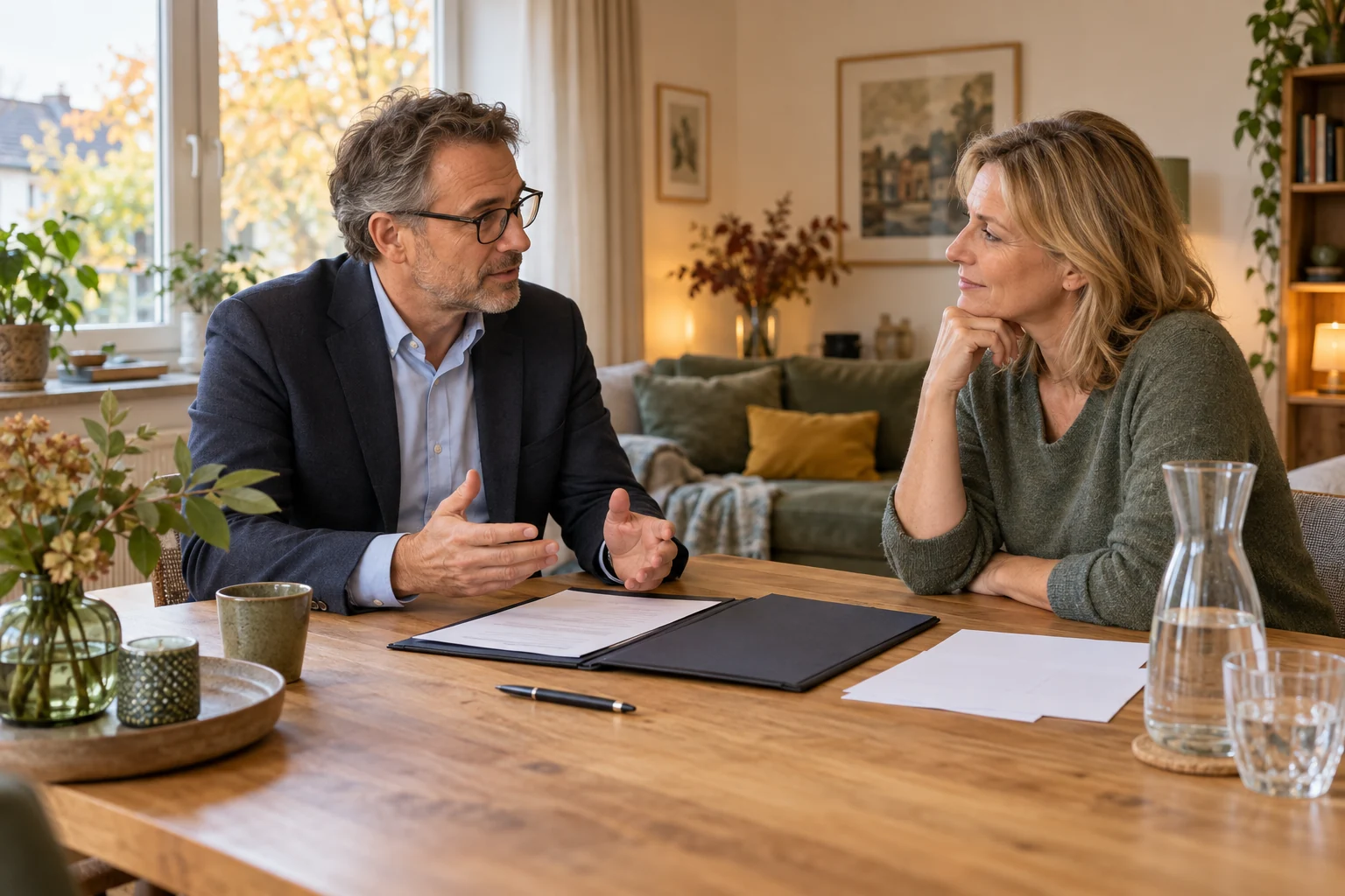Ein Immobilienberater und eine Eigentümerin besprechen in einem hellen Wohnzimmer die Unterlagen auf einem Holztisch.